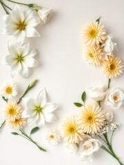 Obraz premium Delicate White and Yellow Flowers Blooming Vividly Against a Pure White Background Creating Elegance