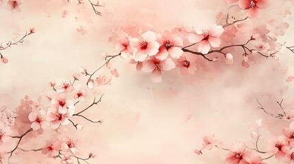 Naklejka premium A delicate watercolor illustration of cherry blossoms and elegant vines, flowing naturally on a muted dusty pink canvas, with soft, fluid strokes and a romantic atmosphere. --ar 16:9 --tile