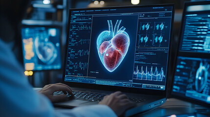 Advanced cardiac diagnostics, A doctor analyzes heart data on a laptop in a futuristic lab, revealing detailed insights into cardiovascular health and function