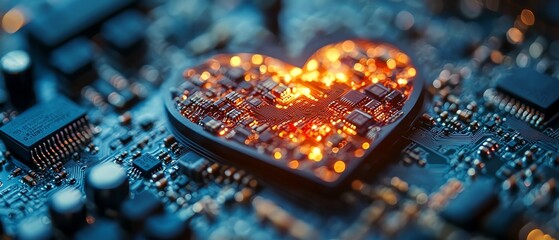Closeup of a heartshaped CPU with detailed, precise components, representing love as the essential driving force in the future of technology and computing power