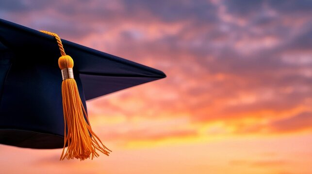 Graduation Cap and Tassel Against a Colorful Sunset Sky Achievement and Celebration Concept - Powered by Adobe