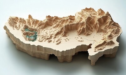 Obraz premium 3D wooden topographic map of a mountainous region with valleys and plateaus for education