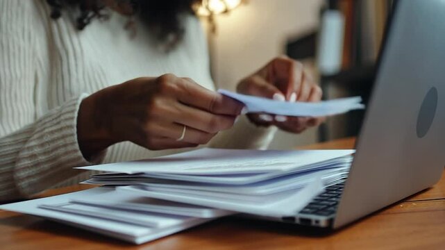 Woman Sorting Papers at Laptop