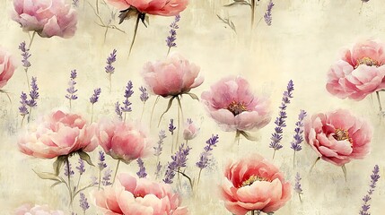 A delicate watercolor scene of soft pink peonies and lavender stems, arranged in an ornate vintage pattern on a textured ivory background, with fine linework and a tranquil feel. --ar 16:9 --tile