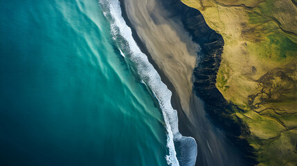 Aerial View of Iceland's Coastline, Contrasting Turquoise Waters, Black Sand Beaches, and Vibrant Green Hills with Natural Textures and Patterns