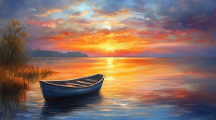 Fototapeta premium Serene painting of a tranquil lake with a small boat drifting peacefully under a vibrant sunset, capturing the essence of calm and tranquility in nature