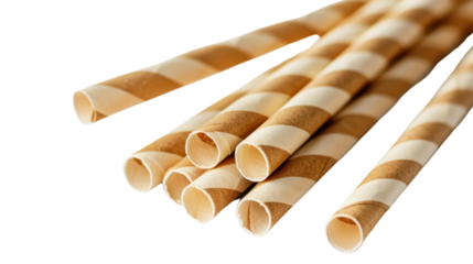 Biodegradable paper drinking straws with stripes isolated on transparent background