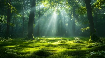 Obraz premium The morning forest with sunlight shining through the treetops and onto the moss