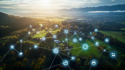 Aerial View of Rural Landscape with Network Overlay, Connecting Communities through Digital Technology and Sustainable Infrastructure Development for a Smart Future