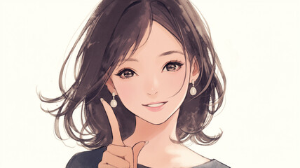 ナチュラルな美人女性の指差しイラスト｜優しい笑顔と透明感