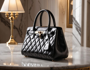 Luxury handbag on a marble surface, soft shadows, elegant fashion shoot lighting.