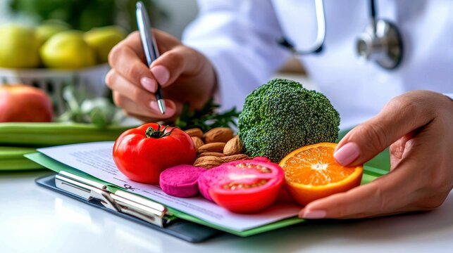 Dietitian Prescribing Healthy Food Plan with Tomato Broccoli Orange and Almonds on Clipboard
