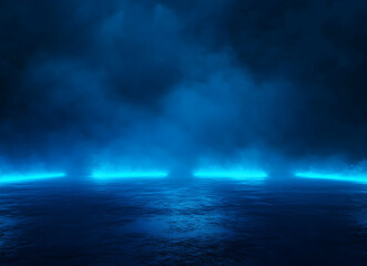 An enigmatic and visually stunning composition capturing the allure of a dark, wet surface illuminated by luminous blue fog, creating an atmosphere of intrigue