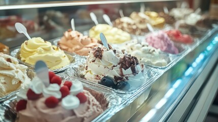gelato ice cream  diplayed on ice cream shop. display case. food photography