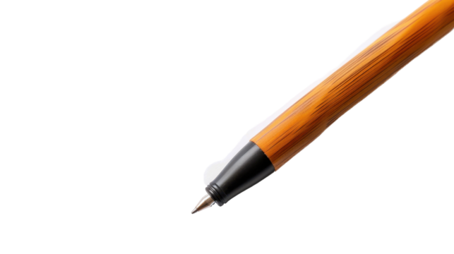Wooden ballpoint pen pointing down on transparent background