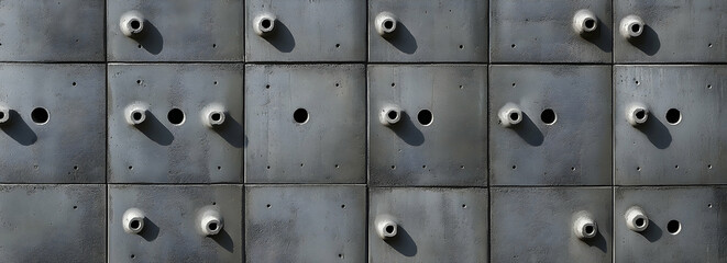 Architectural Concrete Wall Facade with Geometric Pattern and Circular Indentations, Creates a Modern and Abstract Composition, Suitable for Backgrounds and Textures