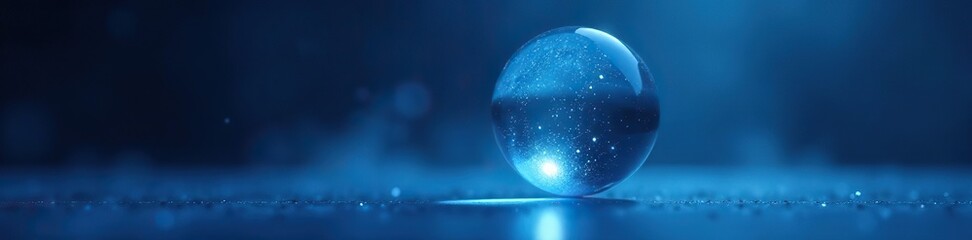 Mirrored sphere suspended in air with glowing blue light radiating outward, shimmering, soft focus, mirror
