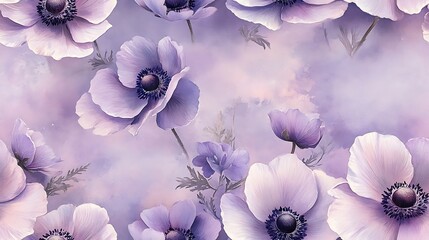 A graceful watercolor artwork of blooming anemones, featuring soft lavender petals and pale pink accents, arranged naturally on a muted lavender canvas with a vintage botanical style.