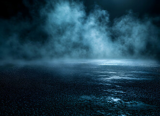 Atmospheric urban landscape featuring a wet road surface illuminated by mysterious fog, creates a sense of suspense and anticipation with its enigmatic atmosphere