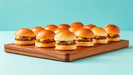 entertainment and party food pastel concept. Delicious mini cheeseburgers on a wooden platter with a turquoise background.