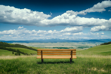 Bench with a View, Serene Mountain Vista under a Cloudy Sky offering a peaceful place for contemplation and appreciation of the natural world, perfect for relaxation