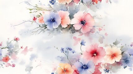 A graceful watercolor painting of spring bouquets with carnations and pansies in soft, muted tones, arranged intricately on a light gray background,