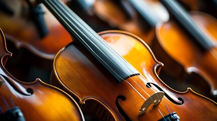 Fototapeta premium Close-up of several polished violins with showcasing their intricate details rich warm tones.