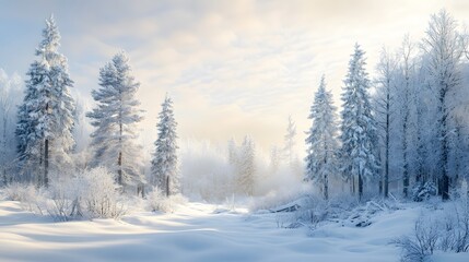 Fototapeta premium 48. A serene snow-covered landscape with towering pine trees, their branches heavy with ice, reflecting the soft light of winter