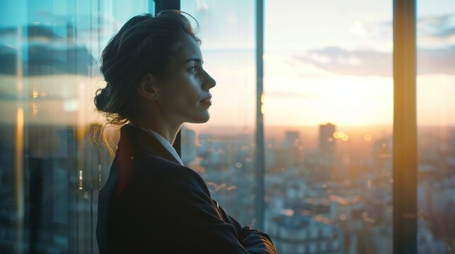 Thoughtful and ambitious businesswoman standing by window in city office contemplating future opportunities and strategic plans for her career and company