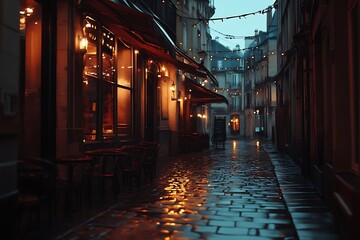 Fototapeta premium Rainy night, cobblestone street, cafe