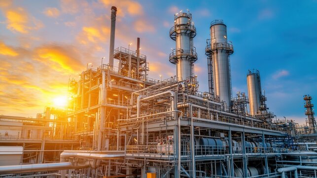 Industrial complex with pipes and machinery under sunset clouds in a clear sky providing energy and manufacturing services