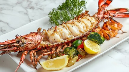 Lobster Tail with Roasted Vegetables and Lemon Wedges