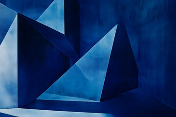 Captivating abstract composition featuring sharp geometric shapes bathed in varying shades of deep blue, creating a modern and intriguing visual experience
