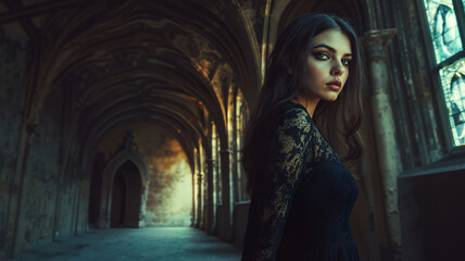 Fototapeta premium a woman in a black dress standing in an old building with arches