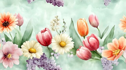 A harmonious watercolor composition of vibrant spring blossoms, including daisies, tulips, and lilacs in soft pastel shades, gracefully arranged on a pale mint green background with fine,