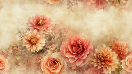 A harmonious watercolor design of floral medallions, showcasing intricate roses and dahlias in muted pastel hues, painted delicately on a parchment-colored canvas with a timeless vintage charm.