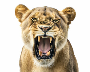 Obraz premium Captivating Close-Up of a Roaring Lioness, Raw Power and Intensity Unleashed in a Striking Wildlife Portrait, Perfect for Illustrating Strength