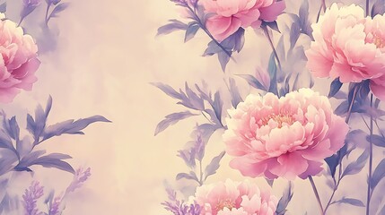 A harmonious watercolor illustration of peonies in soft pinks and lavender stems, delicately intertwined on an ivory canvas, with intricate detailing and a calming vintage charm. --ar 16:9 --tile