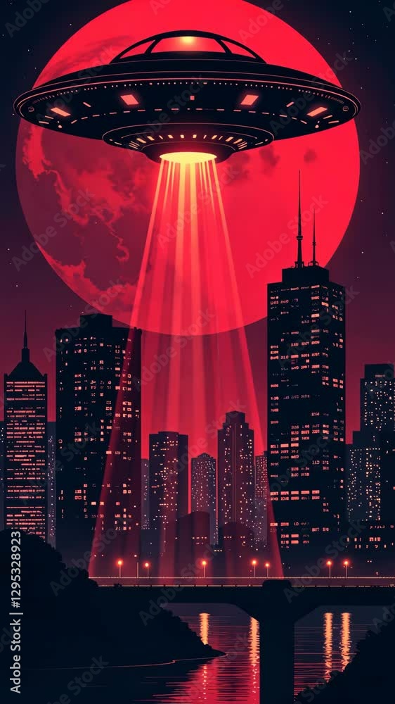 Poster a cityscape with a large ufo flying over it. the ufo is surrounded by a bright light