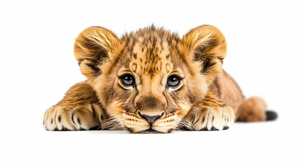 Obraz premium Captivating portrait of a lion cub on a white background showcasing its youthful charm and innocence with its expressive eyes and soft fur captivating the viewer
