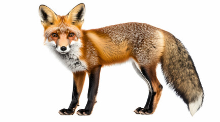 Obraz premium Captivating Portrait of a Red Fox Standing Proudly Against a Pristine White Background, Revealing its Striking Orange Fur and Alert Expression in Sharp Detail