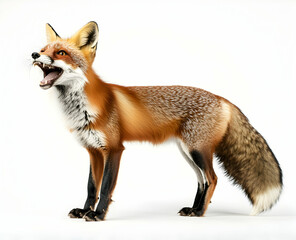 Fototapeta premium Captivating Portrait of a Red Fox Exhibiting its Sharp Teeth Against a Pristine White Backdrop, Evoking a Sense of Wildness and Untamed Beauty