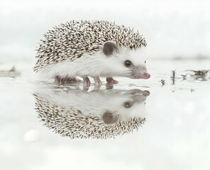 Obraz premium Captivating Reflection, A Pristine White Hedgehog Navigating Shallow Waters, Mirrored in Serene Calmness, Showcasing Nature's Delicate Beauty and Tranquility