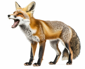 Fototapeta premium Captivating Portrait of an Angry Red Fox Isolated on White, Expressing Wild Instincts and Natural Beauty in Stunning Detail, a Symbol of Wilderness and Wildlife