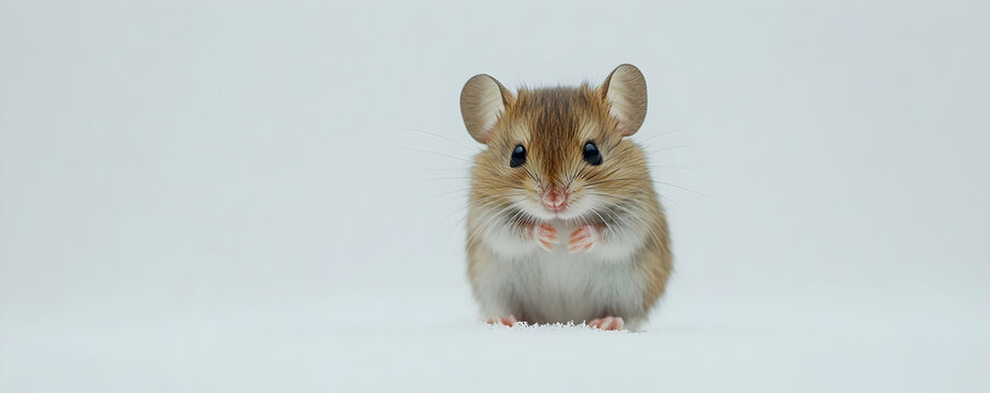 Captivating portrait of a wild deer mouse standing alert in snow, showcasing natural beauty and the resilience of wildlife in cold winter conditions