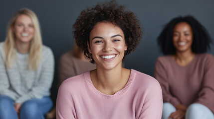 diverse group of women smiling during wellness meeting, showcasing joy and connection. atmosphere is warm and inviting, emphasizing community and support