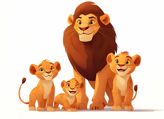 Charming Cartoon Illustration of a Lion Family, Father, Mother, and Cubs Depicted with Warmth and Affection in a Whimsical Style Isolated on White Background
