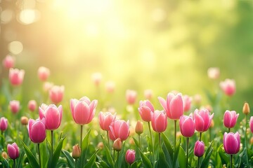 Beautiful Pink Tulips in a Spring Garden, Sunny Day