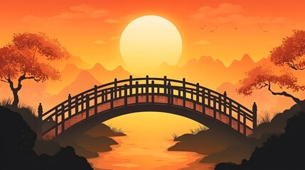 Obraz premium The stream and the small wooden bridge in the sunset glow