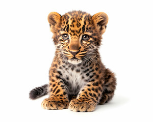 Obraz premium Charming portrait of a leopard cub on white, capturing its adorable innocence and playful nature, appealing to animal lovers and conservation advocates alike